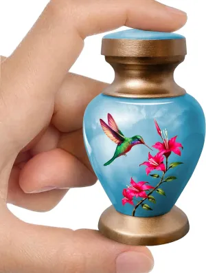 Hummingbird Blue Small Keepsake Urn for Human Ashes – Elegant Cremation Urn for Man or Woman, Handcrafted Aluminum Design