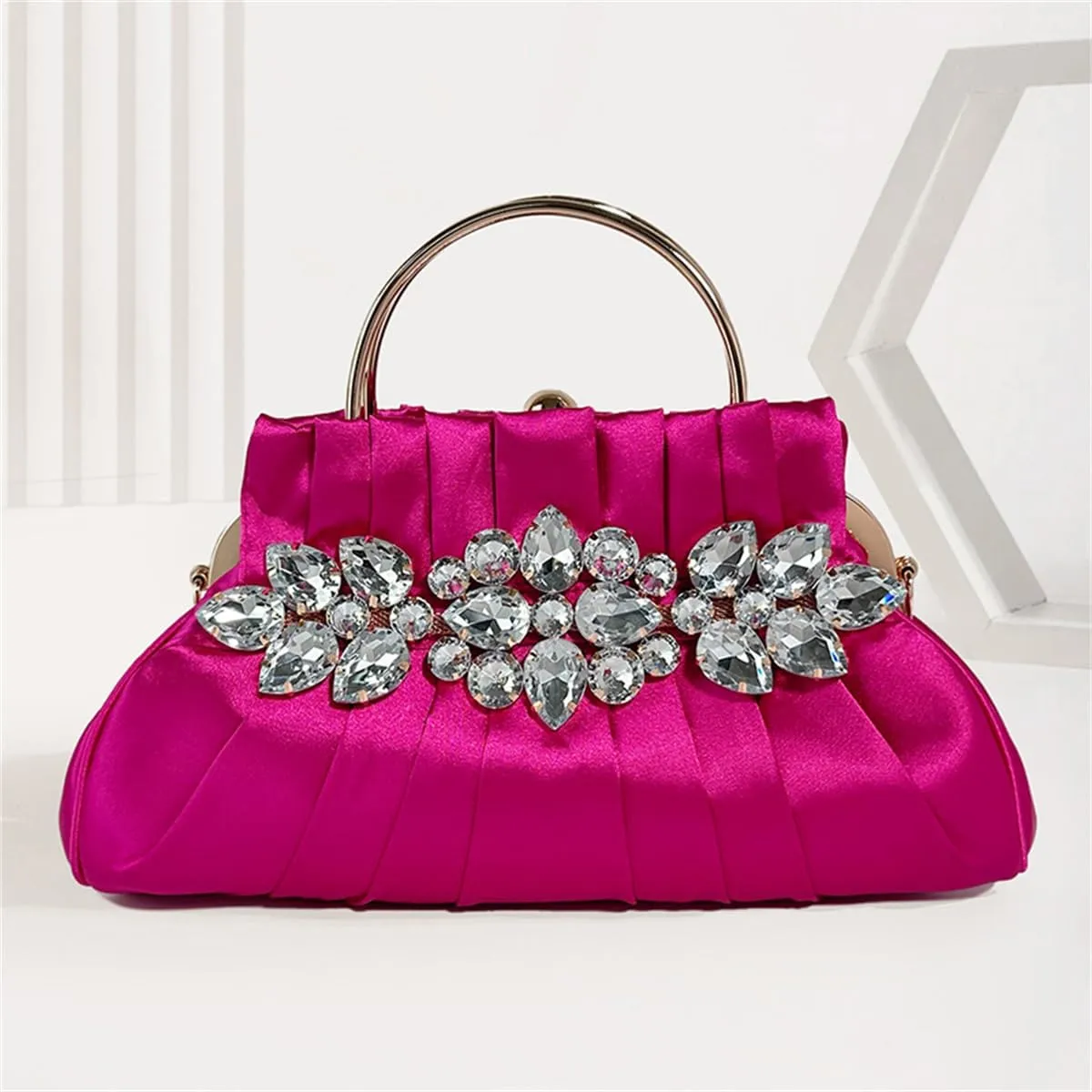 IAMUHI Women Retro Satin Evening Handbag Pleated Rhinestone Clutch Bag Party Wedding Crossbody Shoulder Purse with Chain