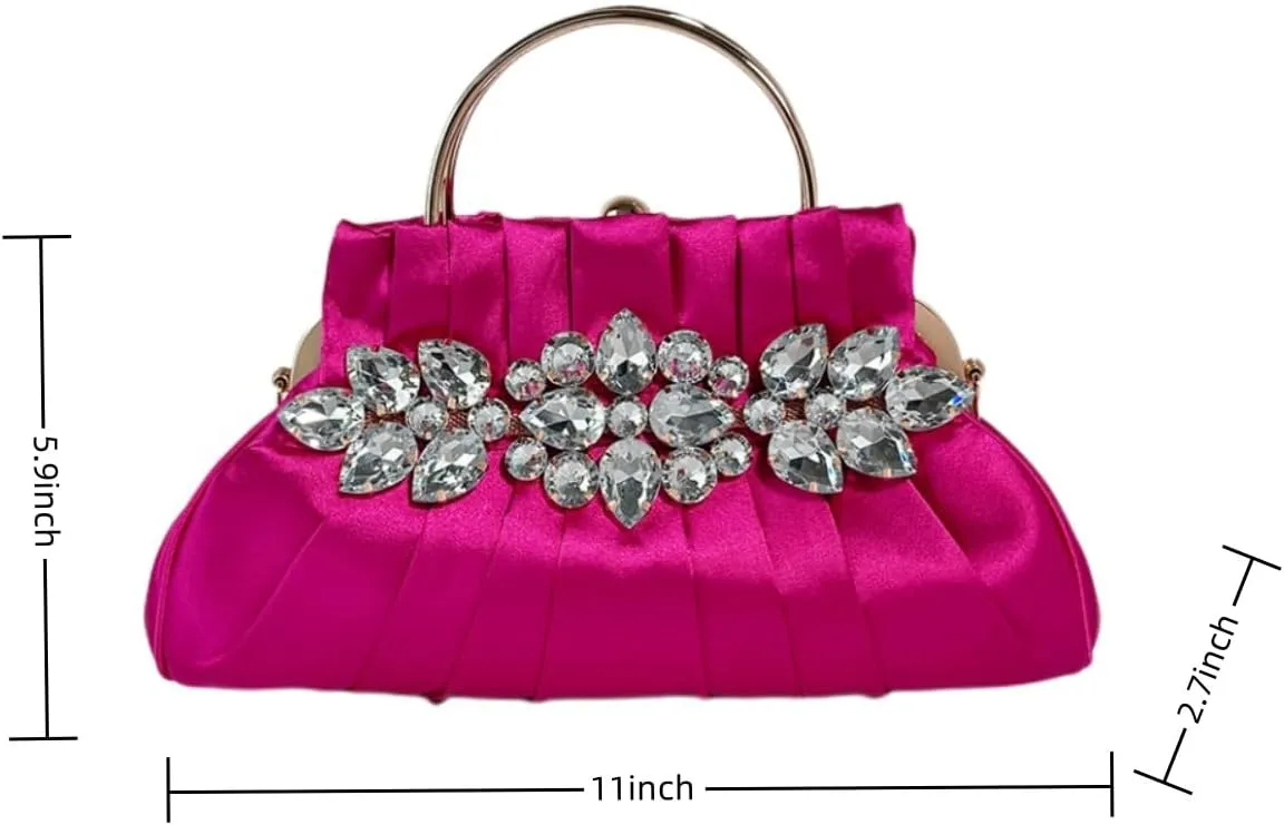 IAMUHI Women Retro Satin Evening Handbag Pleated Rhinestone Clutch Bag Party Wedding Crossbody Shoulder Purse with Chain