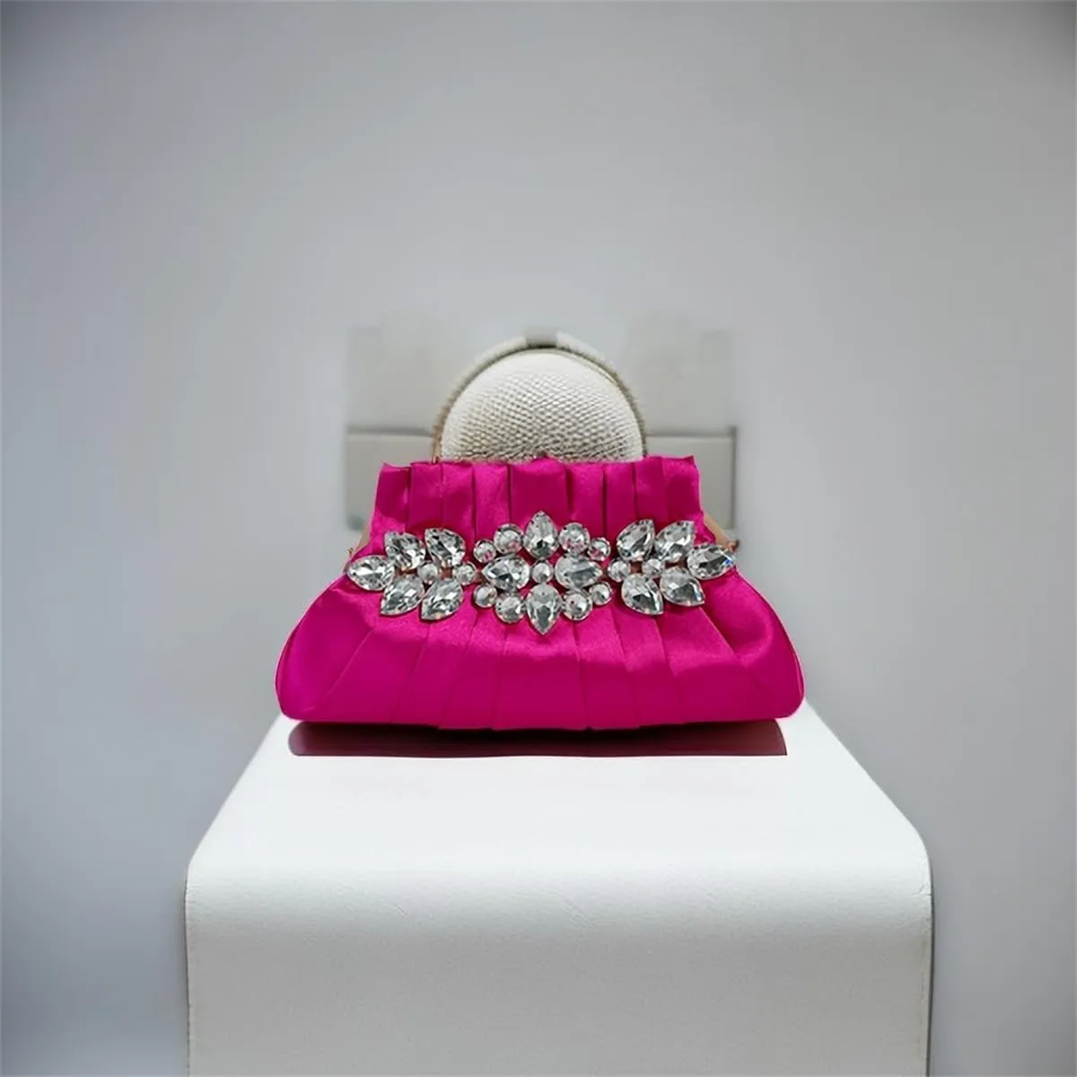 IAMUHI Women Retro Satin Evening Handbag Pleated Rhinestone Clutch Bag Party Wedding Crossbody Shoulder Purse with Chain