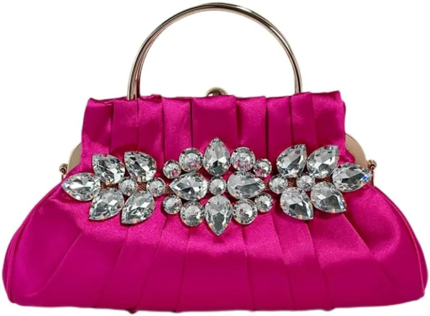 IAMUHI Women Retro Satin Evening Handbag Pleated Rhinestone Clutch Bag Party Wedding Crossbody Shoulder Purse with Chain