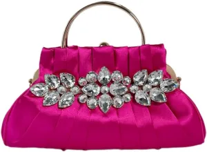 IAMUHI Women Retro Satin Evening Handbag Pleated Rhinestone Clutch Bag Party Wedding Crossbody Shoulder Purse with Chain