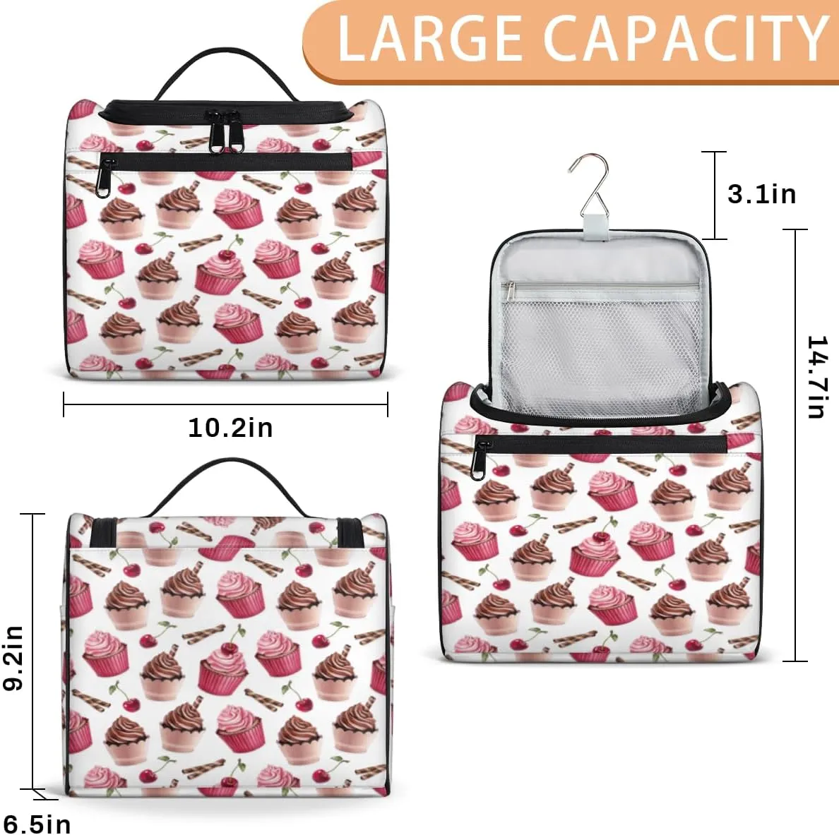 Ice Cream Cherry Hanging Toiletry Bag for Men Women Travel Cosmetic Makeup Organizer Bag Water Resistant Large Portable Wash Case for Accessories, Toiletries, Cosmetics