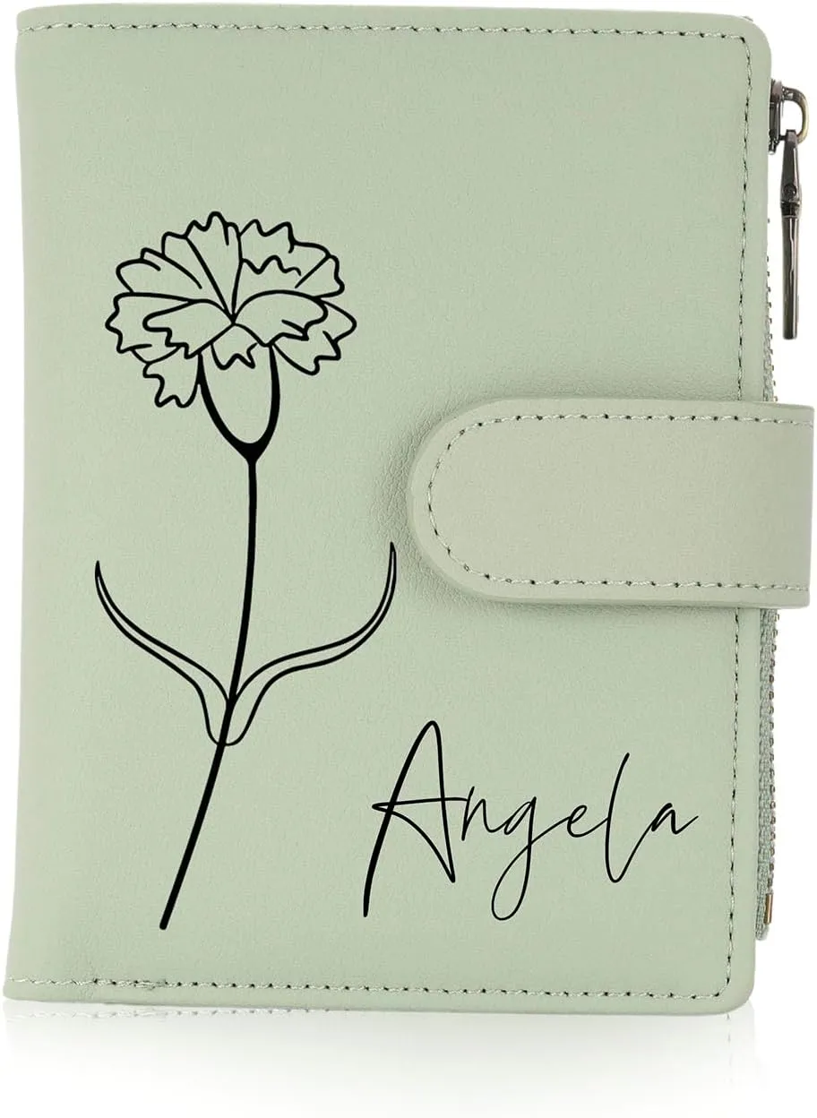 INBLUE Custom Leather Purse for Women Engraved Birth Flower with Name Ladies Wallet Small Tri-Fold Zipper Coin Purse with Wrist Strap Personalized Gift for Mom Mother's Day Birthday 02 - Green