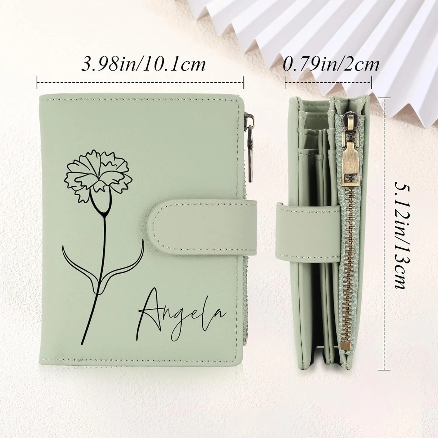 INBLUE Custom Leather Purse for Women Engraved Birth Flower with Name Ladies Wallet Small Tri-Fold Zipper Coin Purse with Wrist Strap Personalized Gift for Mom Mother's Day Birthday 02 - Green