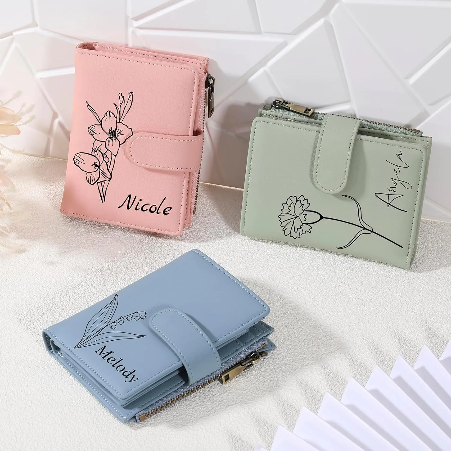 INBLUE Custom Leather Purse for Women Engraved Birth Flower with Name Ladies Wallet Small Tri-Fold Zipper Coin Purse with Wrist Strap Personalized Gift for Mom Mother's Day Birthday 02 - Green