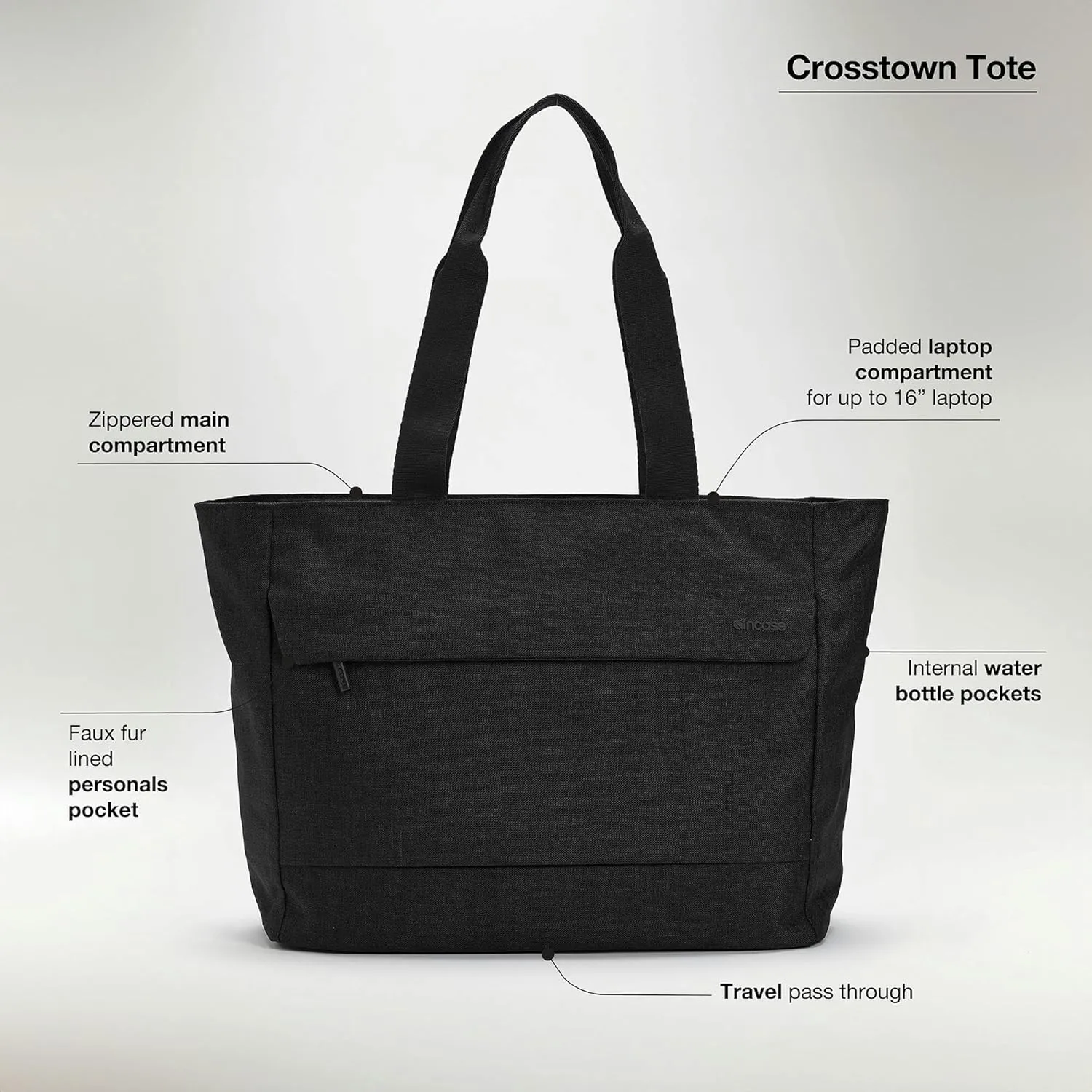 Incase Crosstown Tote Durable, Weather Resistant Tote Work Travel Daily Use Faux Fur Lined laptop Pocket Travel Pass-Through