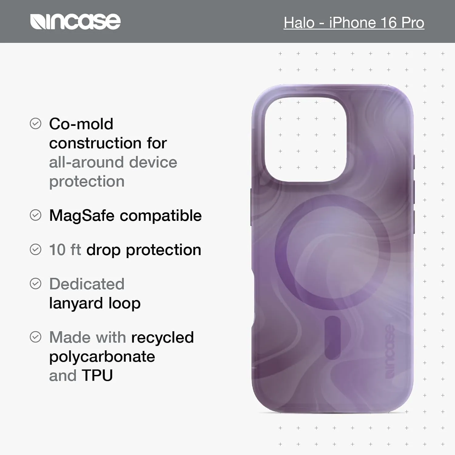 Incase Halo Case for iPhone 16 Hydro Dip MagSafe Compatible Apple iPhone Case 10 Ft Drop Protection, Protective Cover with Lanyard Loop, Sleek Design (Oil Slick Lilac, iPhone 16 pro)
