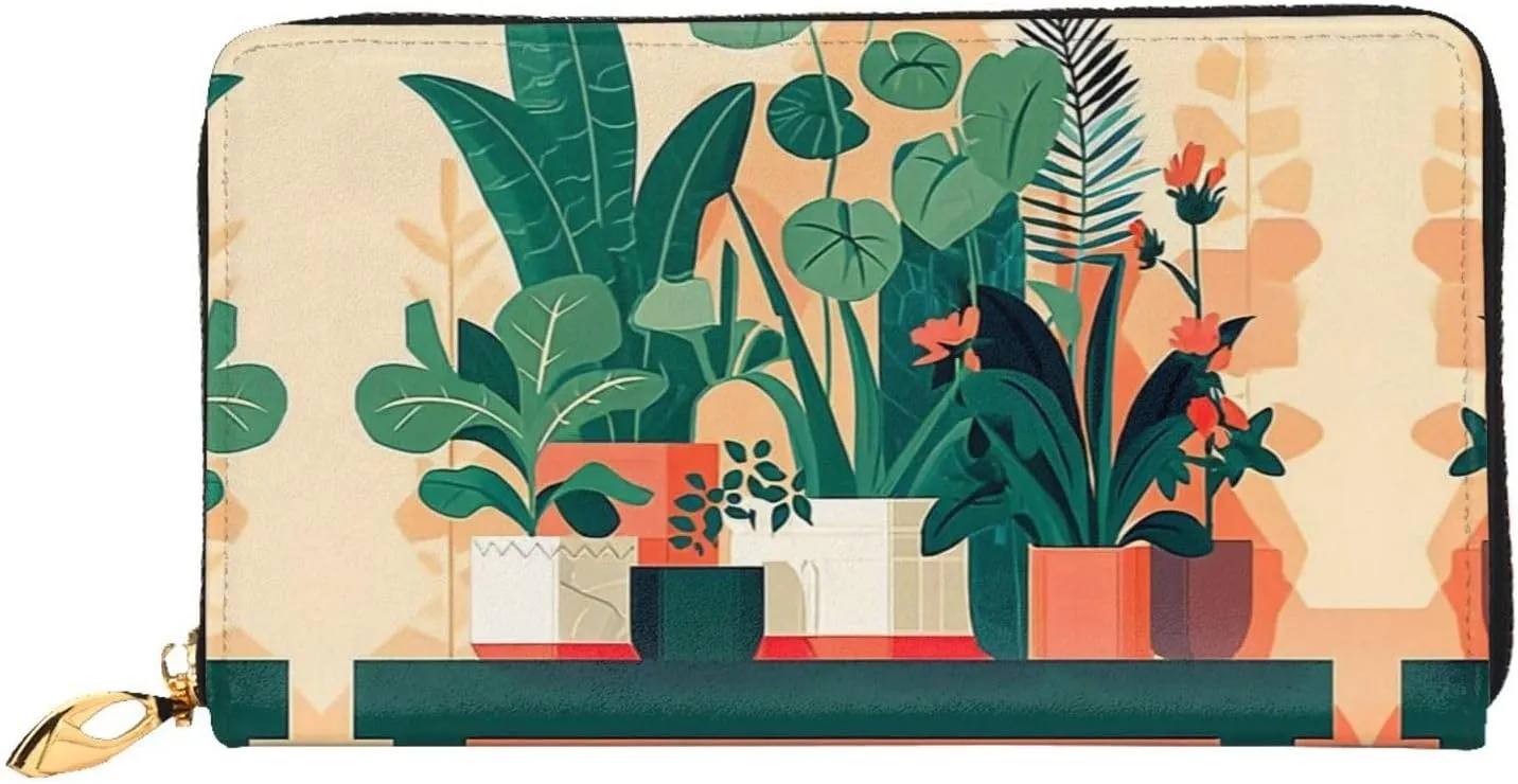 Indoor potted green plants Leather wallet,long clutch purse,Soft material,Zip design Anti-loss money,12 bank card slots,Lightweight,waterproof and durable for the stylish girl, Black