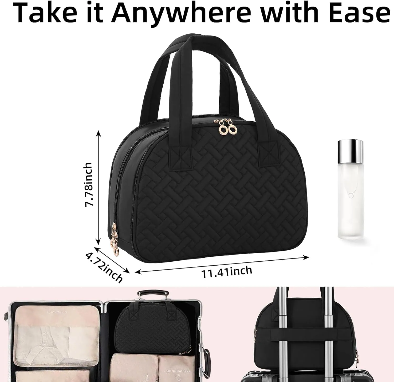 Initial Travel Toiletry Bag, Personalized Cosmetic Bags Birthday Gifts for Women, Makeup Bag Organizer with Handle, Travel Bag for Toiletries with Brush Holder (Plain, Black)