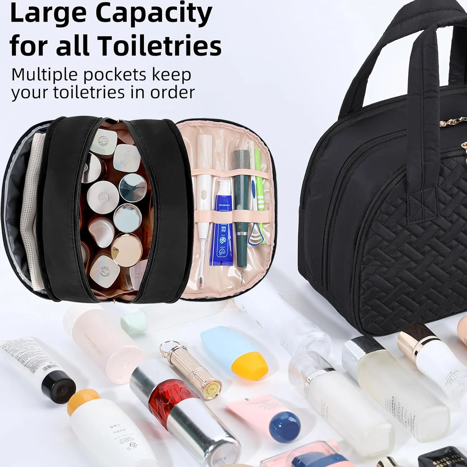 Initial Travel Toiletry Bag, Personalized Cosmetic Bags Birthday Gifts for Women, Makeup Bag Organizer with Handle, Travel Bag for Toiletries with Brush Holder (Plain, Black)