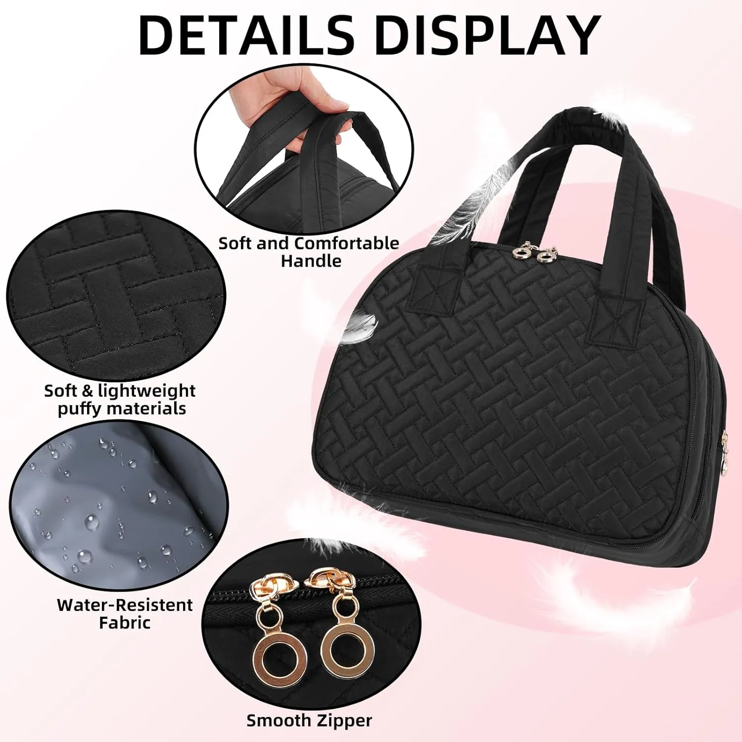 Initial Travel Toiletry Bag, Personalized Cosmetic Bags Birthday Gifts for Women, Makeup Bag Organizer with Handle, Travel Bag for Toiletries with Brush Holder (Plain, Black)