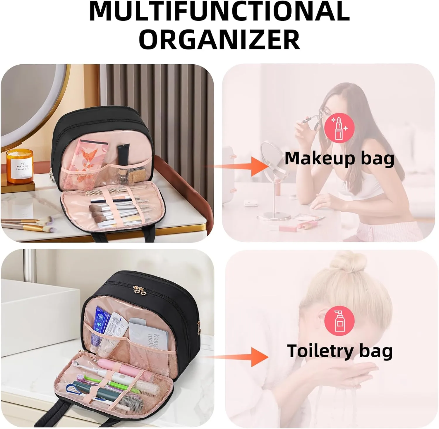 Initial Travel Toiletry Bag, Personalized Cosmetic Bags Birthday Gifts for Women, Makeup Bag Organizer with Handle, Travel Bag for Toiletries with Brush Holder (Plain, Black)