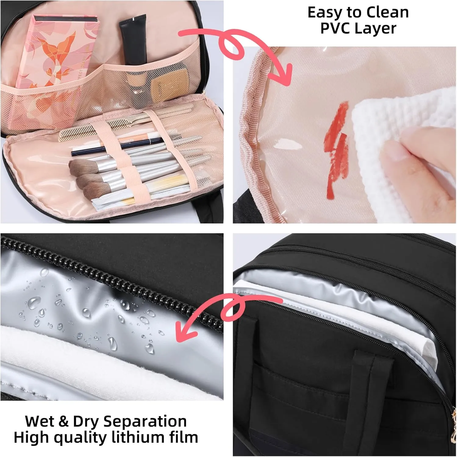 Initial Travel Toiletry Bag, Personalized Cosmetic Bags Birthday Gifts for Women, Makeup Bag Organizer with Handle, Travel Bag for Toiletries with Brush Holder (Plain, Black)