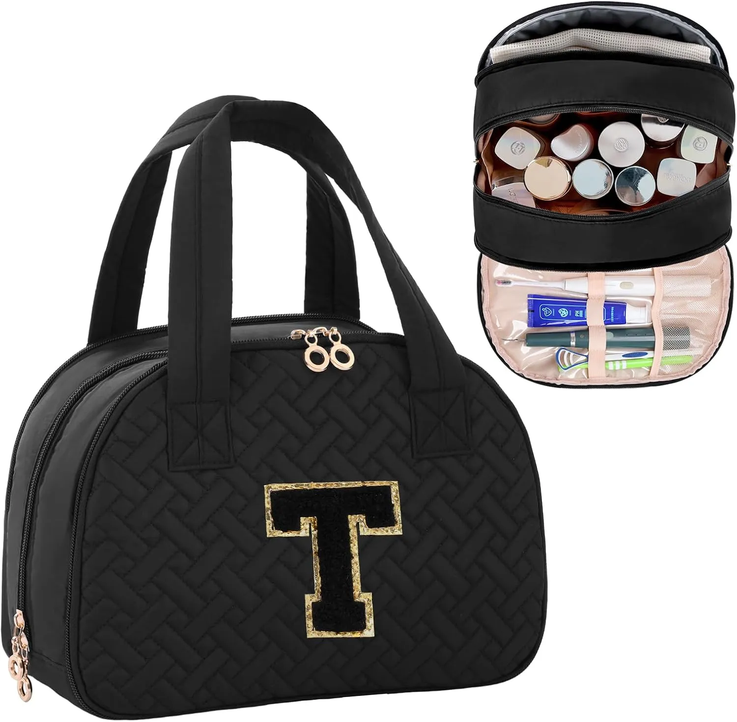 Initial Travel Toiletry Bag, Personalized Cosmetic Bags Birthday Gifts for Women, Makeup Bag Organizer with Handle, Travel Bag for Toiletries with Brush Holder (T, Black)