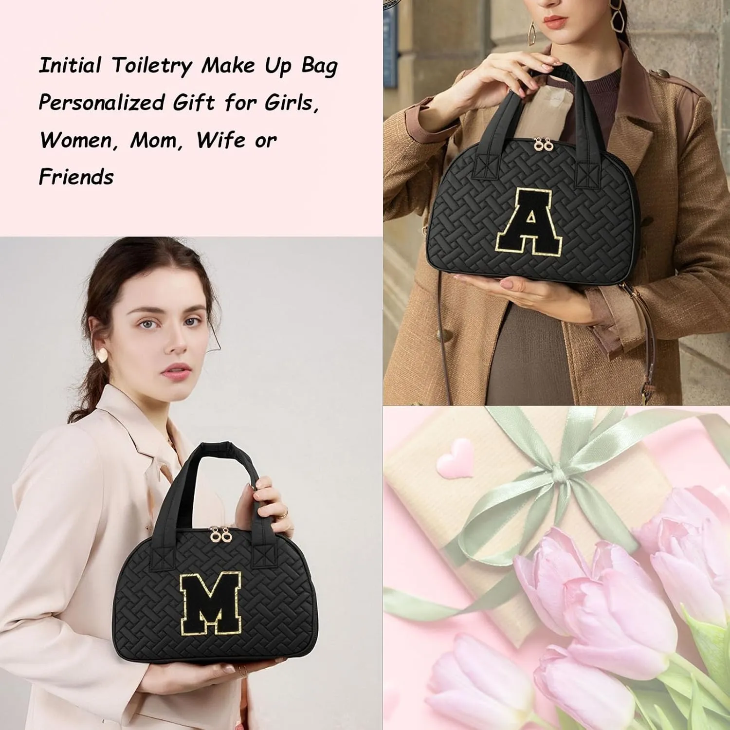 Initial Travel Toiletry Bag, Personalized Cosmetic Bags Birthday Gifts for Women, Makeup Bag Organizer with Handle, Travel Bag for Toiletries with Brush Holder (T, Black)