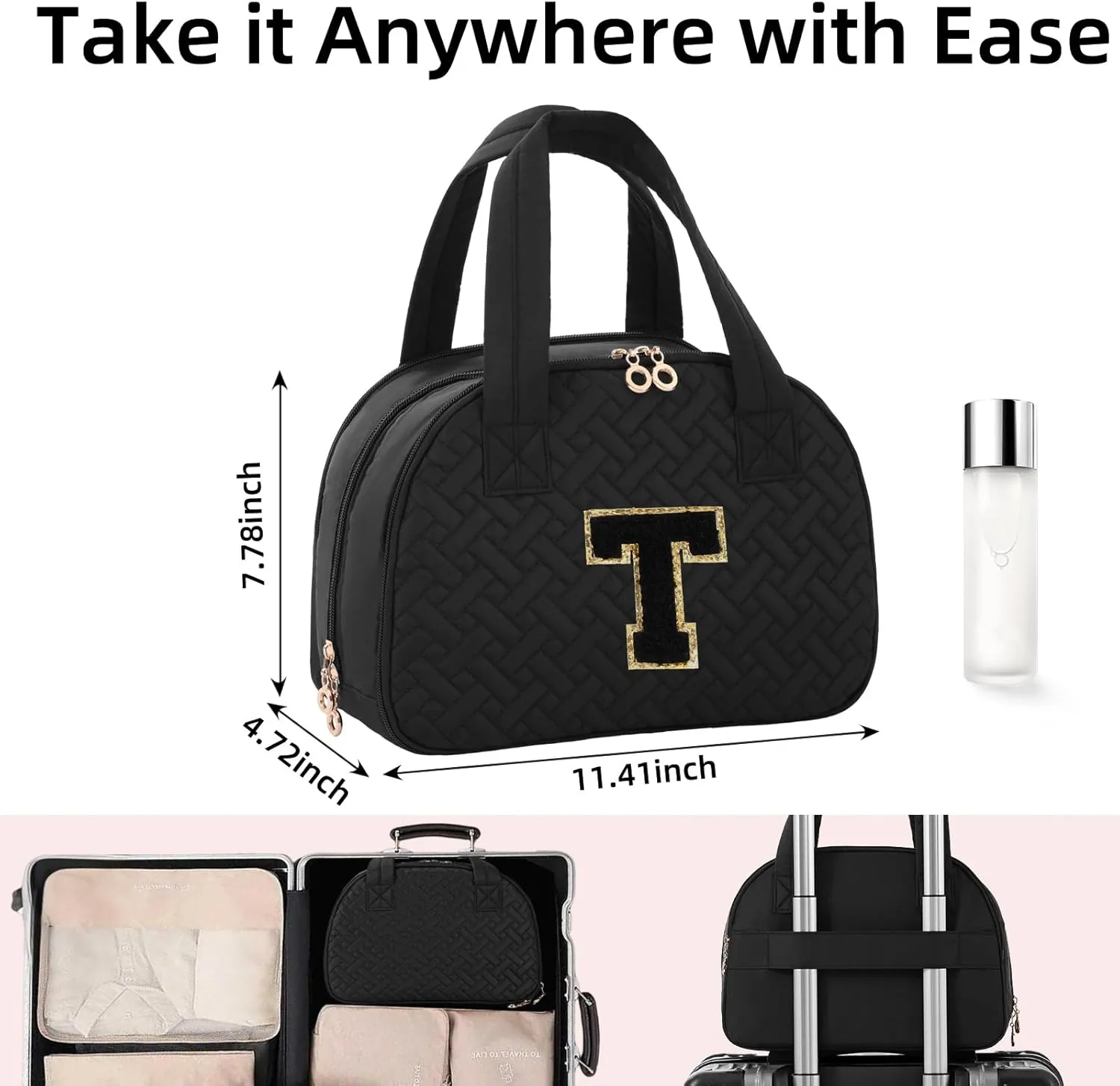 Initial Travel Toiletry Bag, Personalized Cosmetic Bags Birthday Gifts for Women, Makeup Bag Organizer with Handle, Travel Bag for Toiletries with Brush Holder (T, Black)