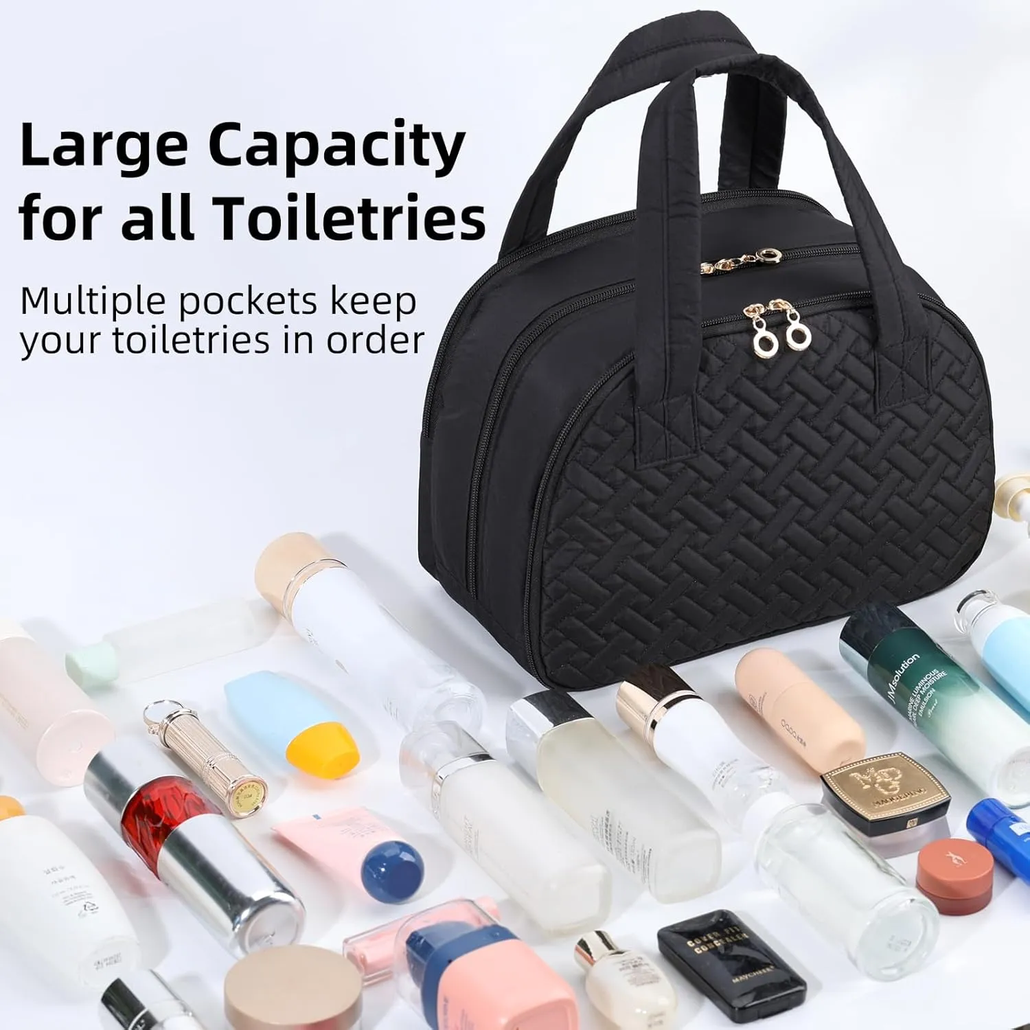 Initial Travel Toiletry Bag, Personalized Cosmetic Bags Birthday Gifts for Women, Makeup Bag Organizer with Handle, Travel Bag for Toiletries with Brush Holder (T, Black)