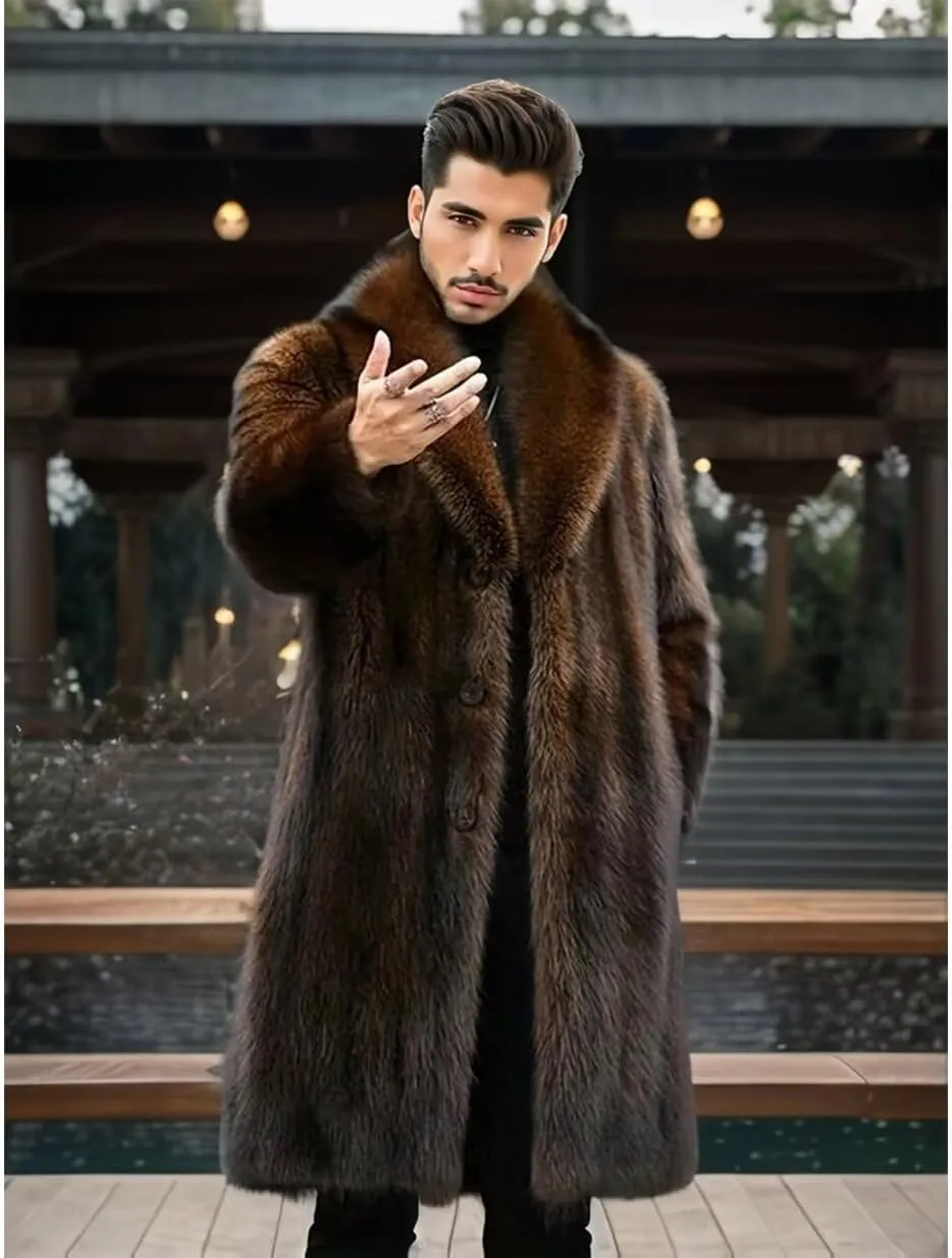INVACHI Men's Faux Fur Coat Winter Long Faux Mink Coat Fluffy Thick Trench Coat for Men