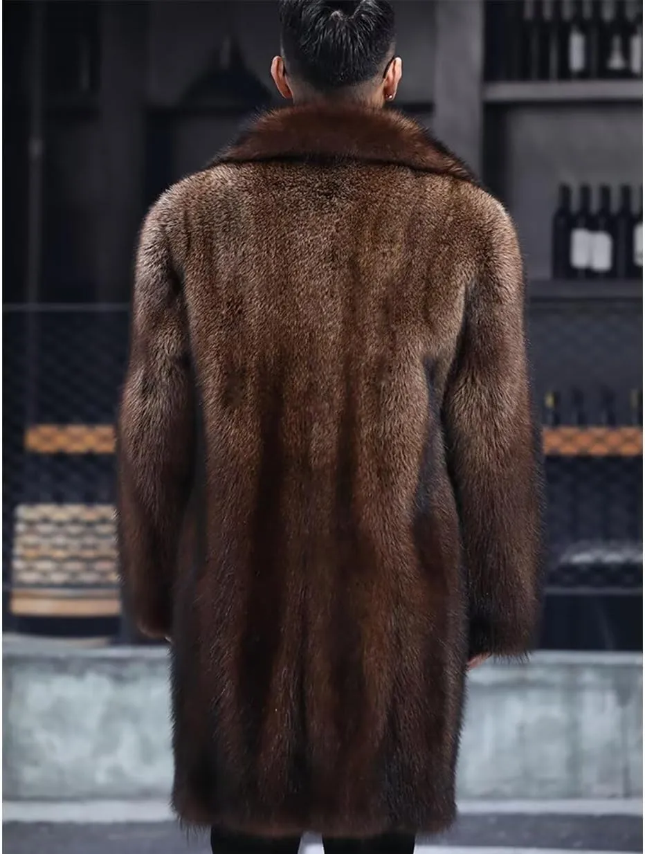 INVACHI Men's Faux Fur Coat Winter Long Faux Mink Coat Fluffy Thick Trench Coat for Men