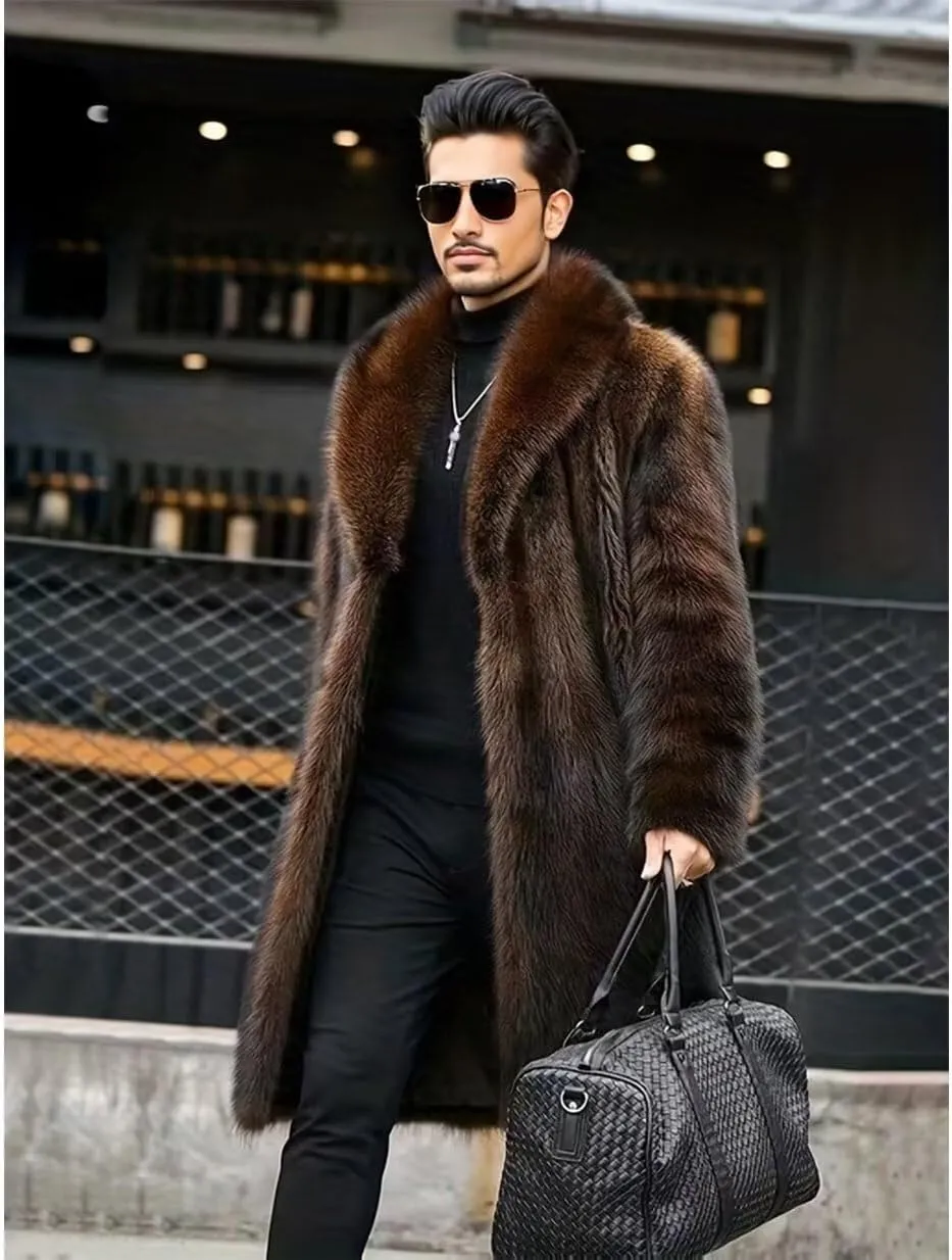 INVACHI Men's Faux Fur Coat Winter Long Faux Mink Coat Fluffy Thick Trench Coat for Men
