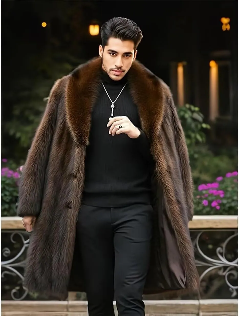 INVACHI Men's Faux Fur Coat Winter Long Faux Mink Coat Fluffy Thick Trench Coat for Men