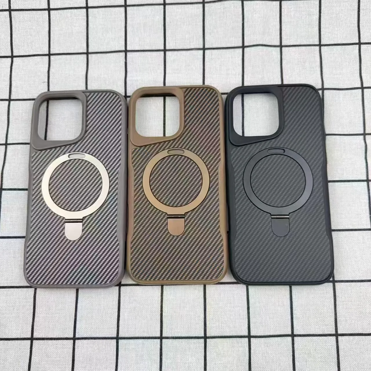 iPhone 16 Luxury DEFENDER Carbon Pattern Shock Absorb Aramid Case with Kickstand - Black / Desert Titanium