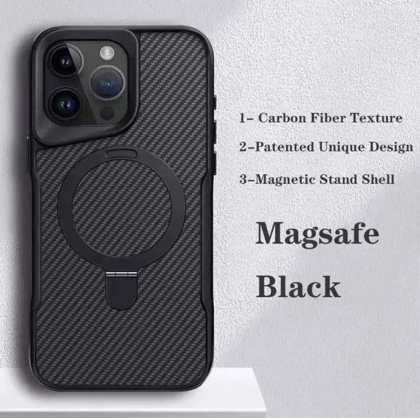 iPhone 16 Luxury DEFENDER Carbon Pattern Shock Absorb Aramid Case with Kickstand - Black / Desert Titanium
