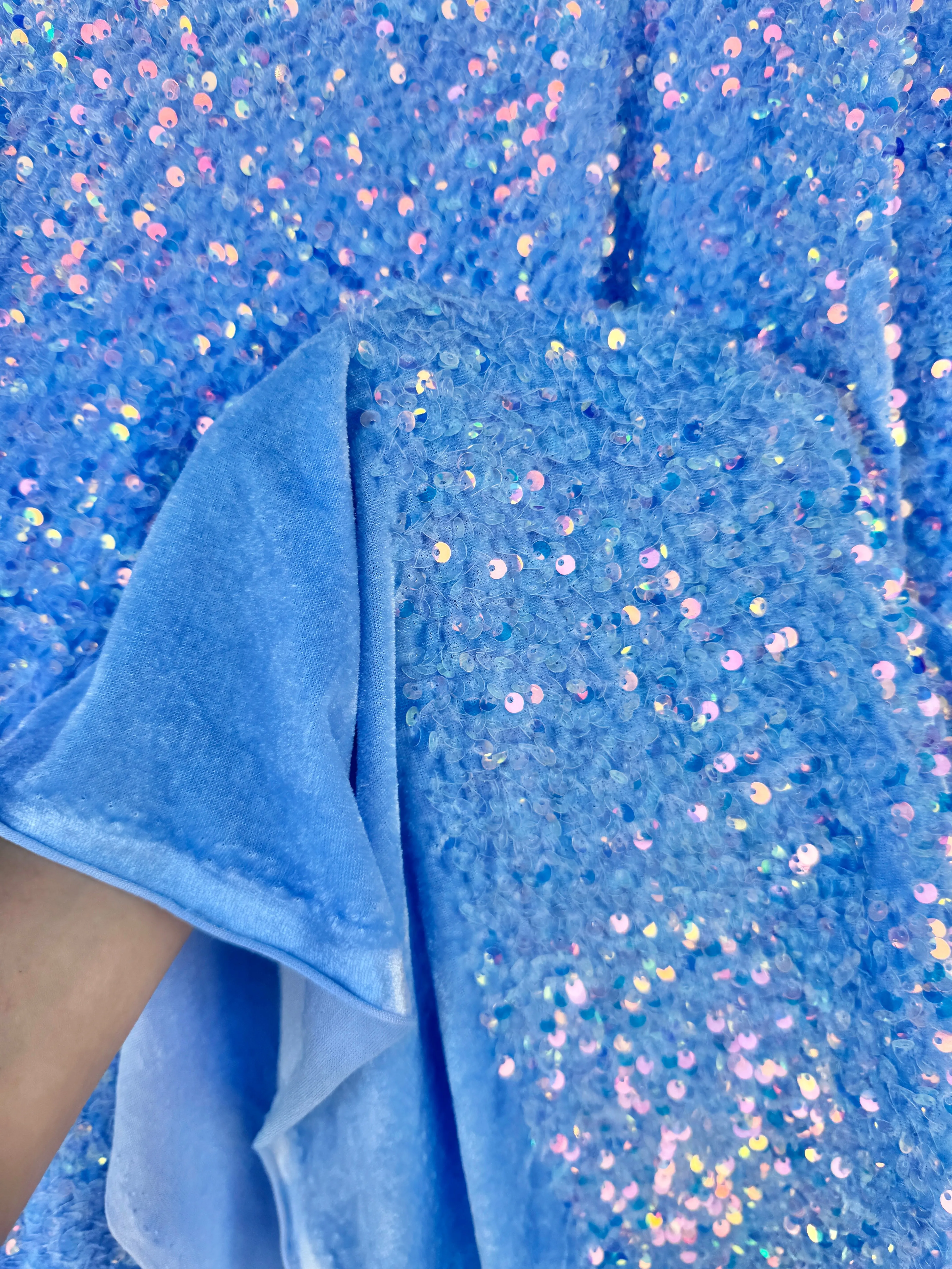 Iridescent Baby Blue Sequin on Velvet