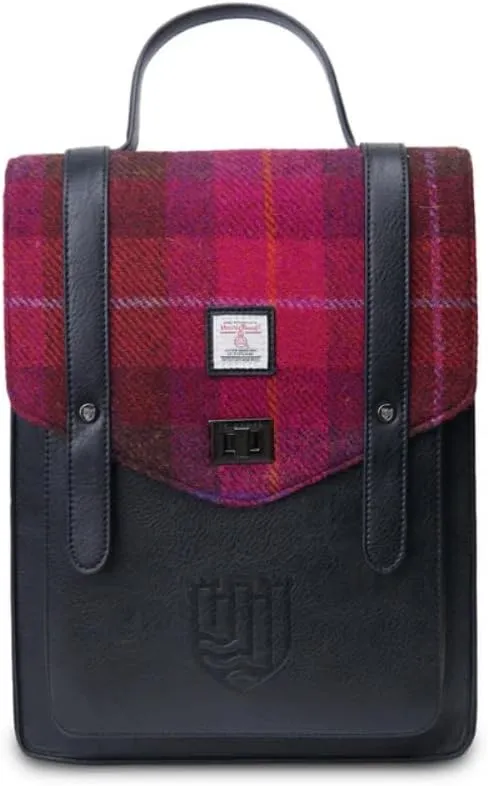 Islander Carloway Backpack for Men & Women, With Laptop Sleeve, Harris Tweed Vegan Leather (Fuchsia Tartan)