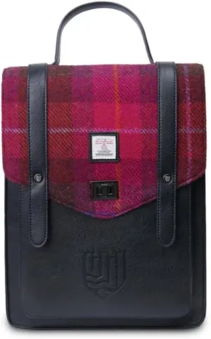 Islander Carloway Backpack for Men & Women, With Laptop Sleeve, Harris Tweed Vegan Leather (Fuchsia Tartan)