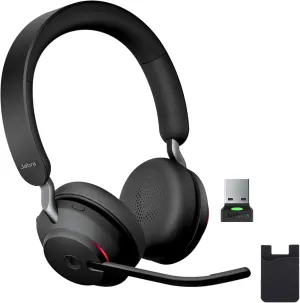 Jabra Evolve2 65 Wireless Headset MS, Bluetooth Dongle, Compatible with Zoom, Teams, Webex, Laptop, Phone Calls, Vonage, 8x8, 26599-999-999, Bundle with Global Teck Mobile Wallet and Gold Support Plan