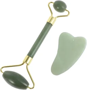 Jade Skin Care Set Traditional Roller and Scraping Plate for Facial Treatment Smooth and Neat Design for Professional Use for Relieving Aches and Scarring