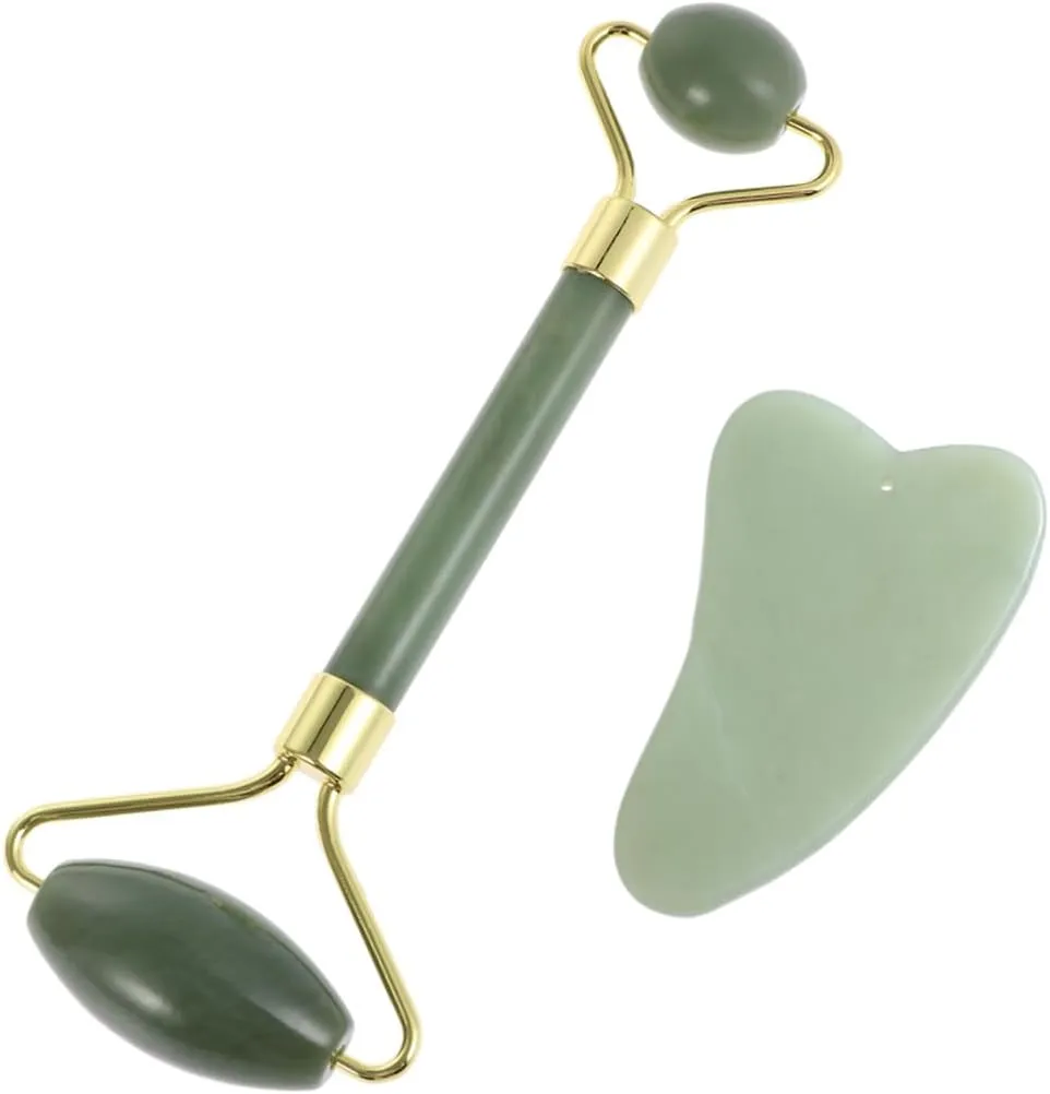 Jade Skin Care Set Traditional Roller and Scraping Plate for Facial Treatment Smooth and Neat Design for Professional Use for Relieving Aches and Scarring