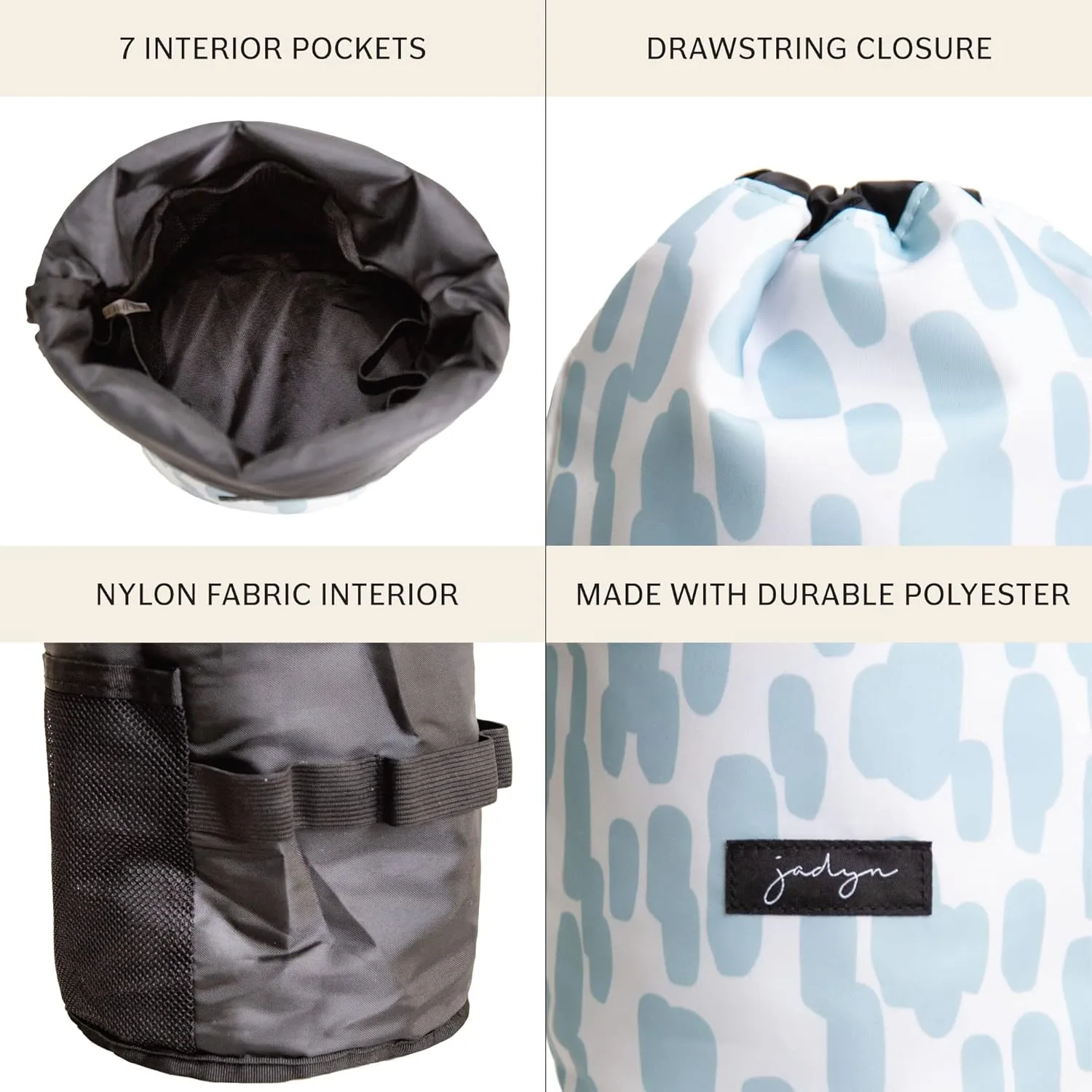 Jadyn Durable Cinch Top Makeup Organizer - Compact Travel Makeup Bag with 7 Interior Pockets for Cosmetics Large Drawstring Toiletry Travel Bag for Women - 6L Storage Capacity (Raindrop)
