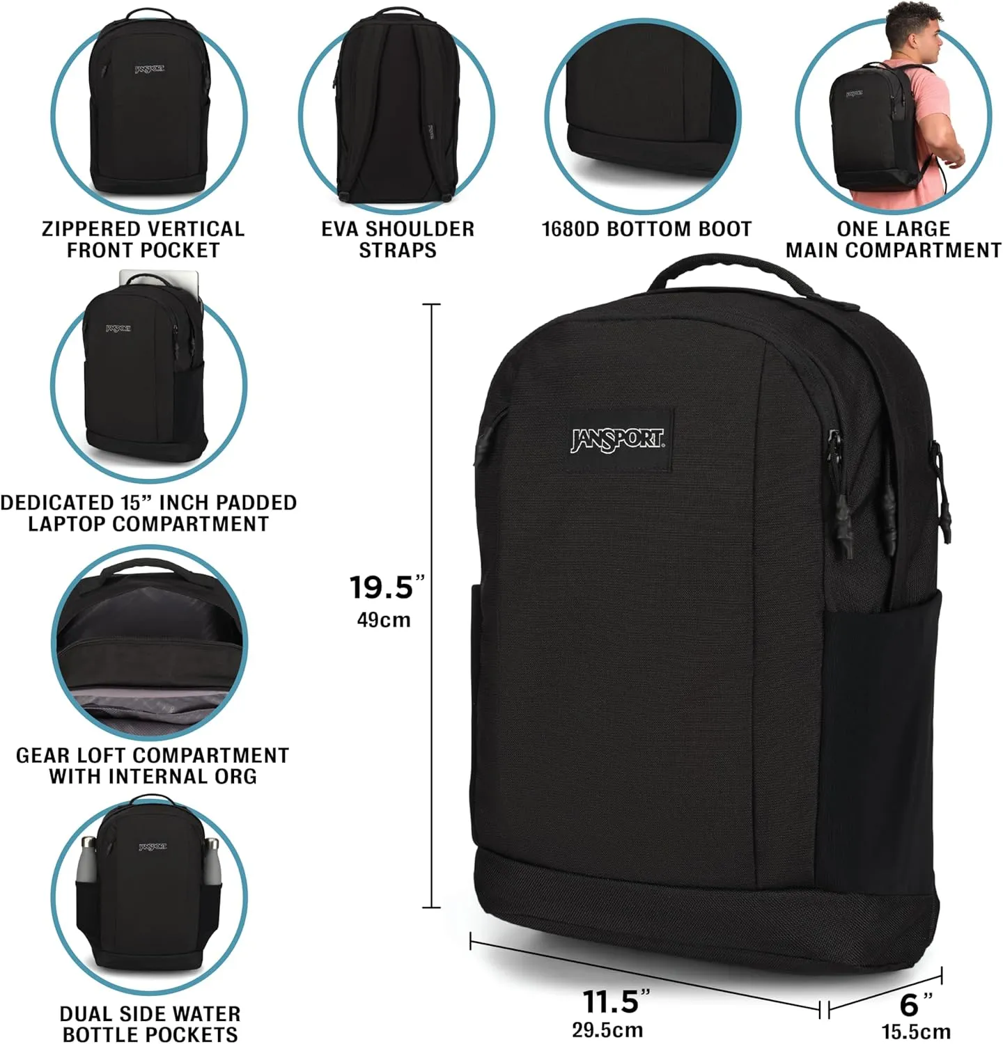 JanSport Inbound Pack – Large Main Compartment, Dual Water Bottle Pockets, and Dedicated 15-Inch Padded Laptop Pocket, Elemental Blue
