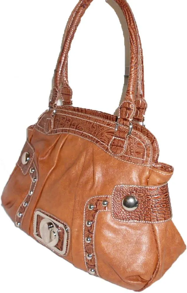 JC Designer Black Crocodile Studs Lock Bold Tan Stitching Satchel Bag Handbag