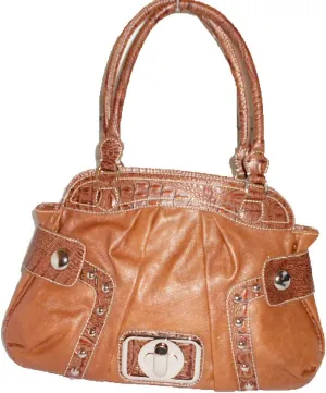 JC Designer Black Crocodile Studs Lock Bold Tan Stitching Satchel Bag Handbag