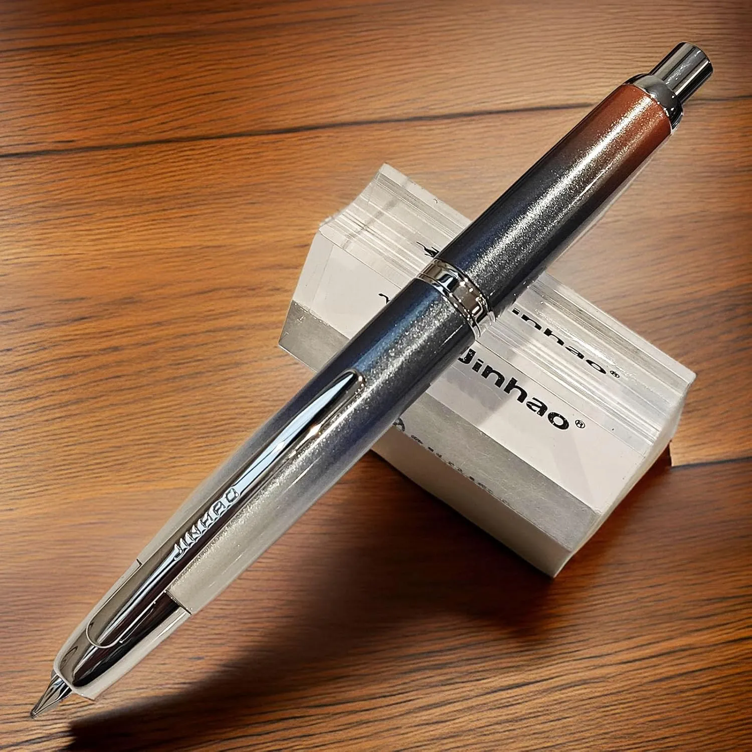 JH10 Press Fountain Pen Fine Nib with Velvet bag, Retractable Nib Calligraphy Ink Pen with Converter Writing (Gradient Dark Blue Orange Silver Clip)