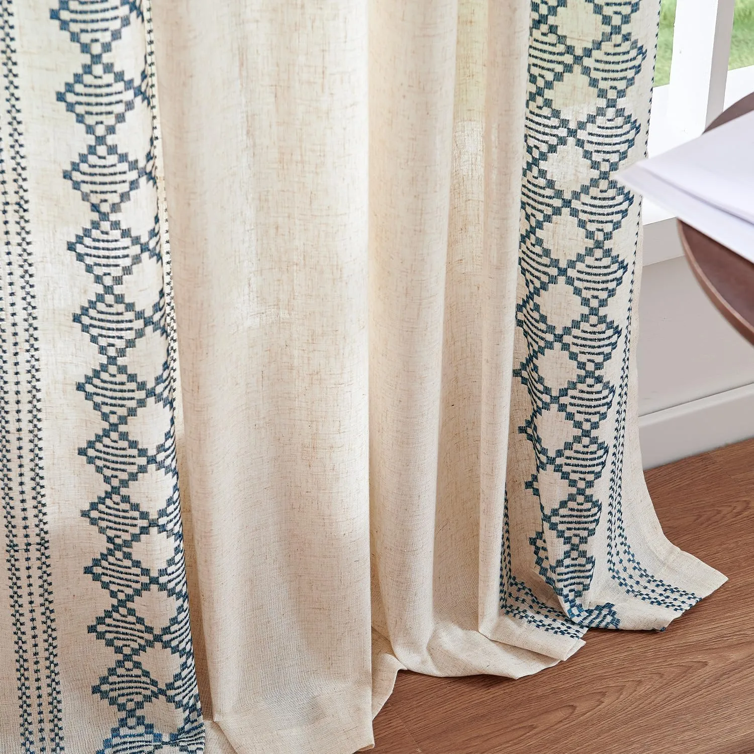 jinchan Boho Curtains Linen Blend Beige Farmhouse Curtains 84 Inches Long for Living Room Blue Square Embroidered Bordered Back Tab Bedroom Window Light Filtering Bohemian Drapes 2 Panels
