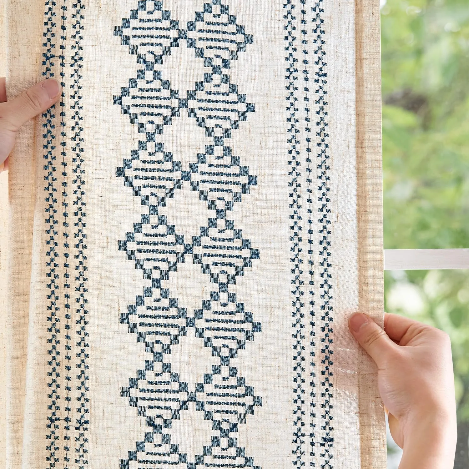 jinchan Boho Curtains Linen Blend Beige Farmhouse Curtains 84 Inches Long for Living Room Blue Square Embroidered Bordered Back Tab Bedroom Window Light Filtering Bohemian Drapes 2 Panels