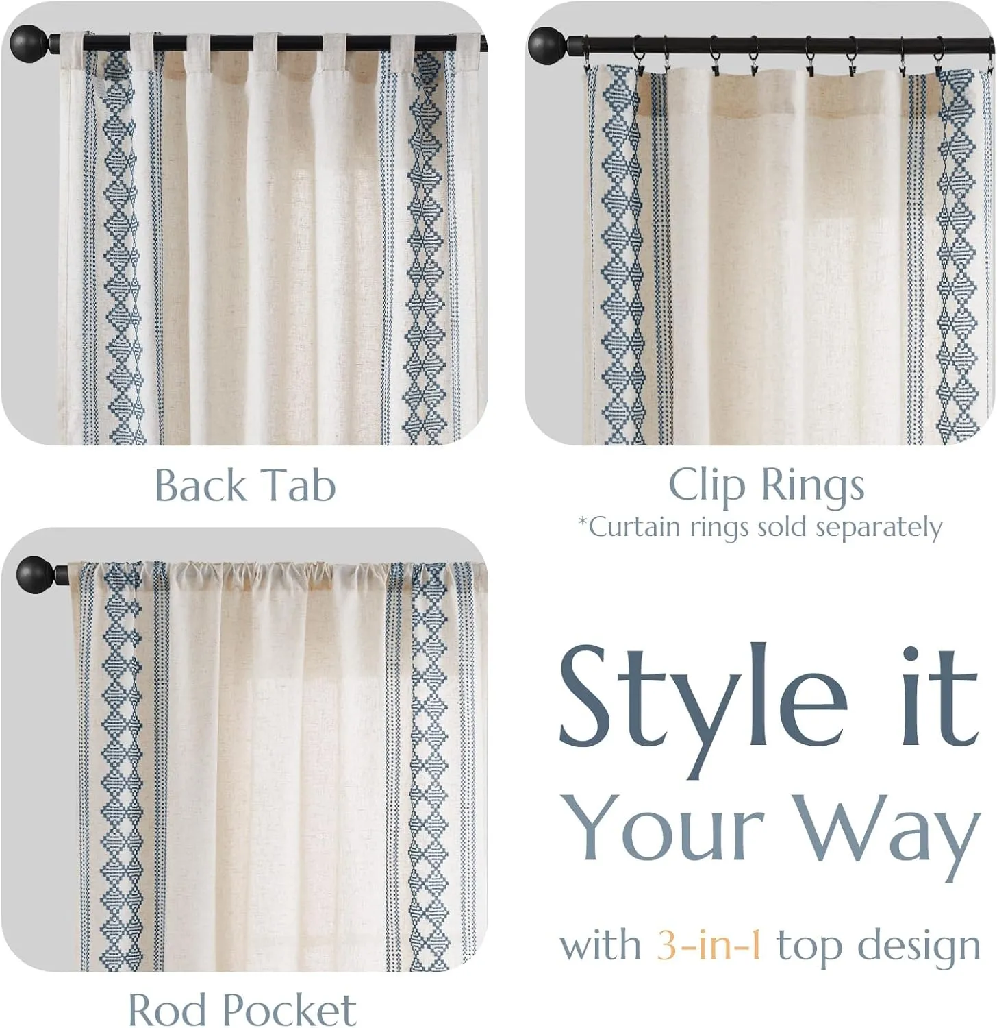 jinchan Boho Curtains Linen Blend Beige Farmhouse Curtains 84 Inches Long for Living Room Blue Square Embroidered Bordered Back Tab Bedroom Window Light Filtering Bohemian Drapes 2 Panels