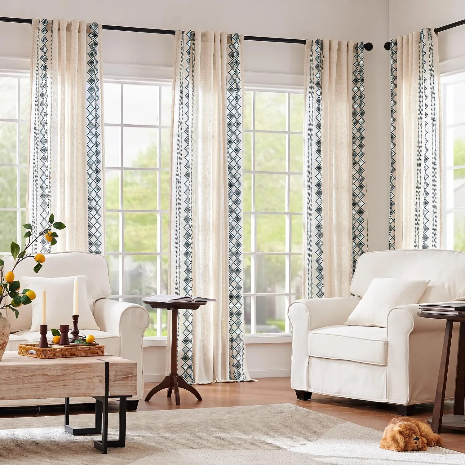 jinchan Boho Curtains Linen Blend Beige Farmhouse Curtains 84 Inches Long for Living Room Blue Square Embroidered Bordered Back Tab Bedroom Window Light Filtering Bohemian Drapes 2 Panels
