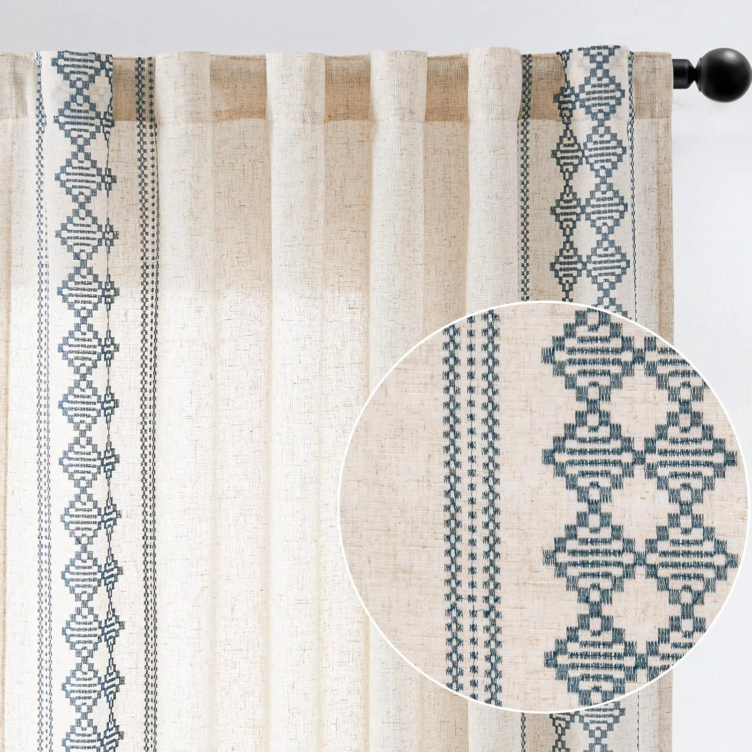 jinchan Boho Curtains Linen Blend Beige Farmhouse Curtains 84 Inches Long for Living Room Blue Square Embroidered Bordered Back Tab Bedroom Window Light Filtering Bohemian Drapes 2 Panels