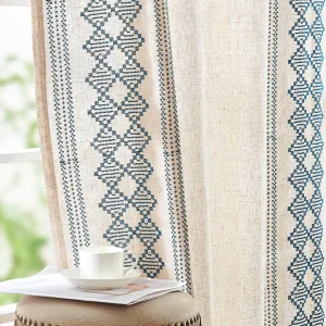 jinchan Boho Curtains Linen Blend Beige Farmhouse Curtains 84 Inches Long for Living Room Blue Square Embroidered Bordered Back Tab Bedroom Window Light Filtering Bohemian Drapes 2 Panels