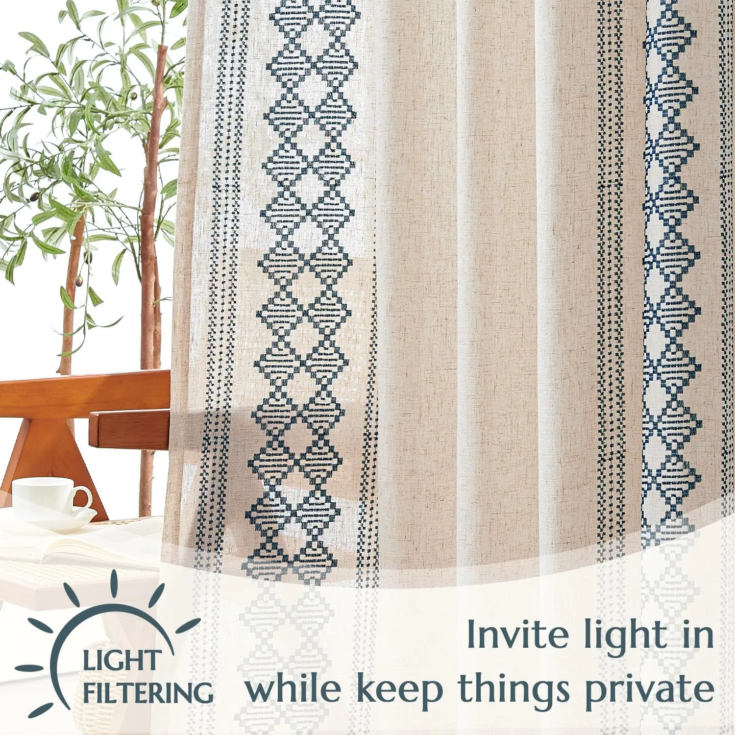jinchan Boho Curtains Linen Blend Beige Farmhouse Curtains 84 Inches Long for Living Room Blue Square Embroidered Bordered Back Tab Bedroom Window Light Filtering Bohemian Drapes 2 Panels