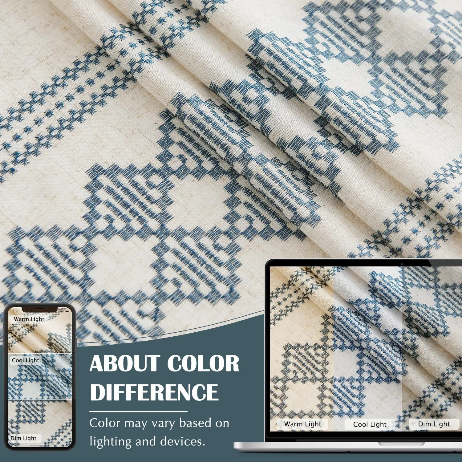 jinchan Boho Curtains Linen Blend Beige Farmhouse Curtains 84 Inches Long for Living Room Blue Square Embroidered Bordered Back Tab Bedroom Window Light Filtering Bohemian Drapes 2 Panels