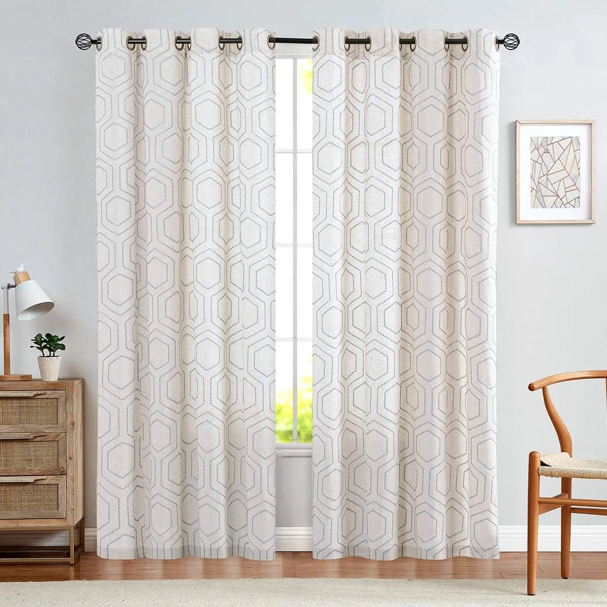 jinchan Grey Boho Window Curtains Linen Textured Light Filtering Curtains Honeycomb Embroidered Design Living Room Drapes Bedroom Bronze Grommet Window Treatments Set 2 Panels 96 Inches Long