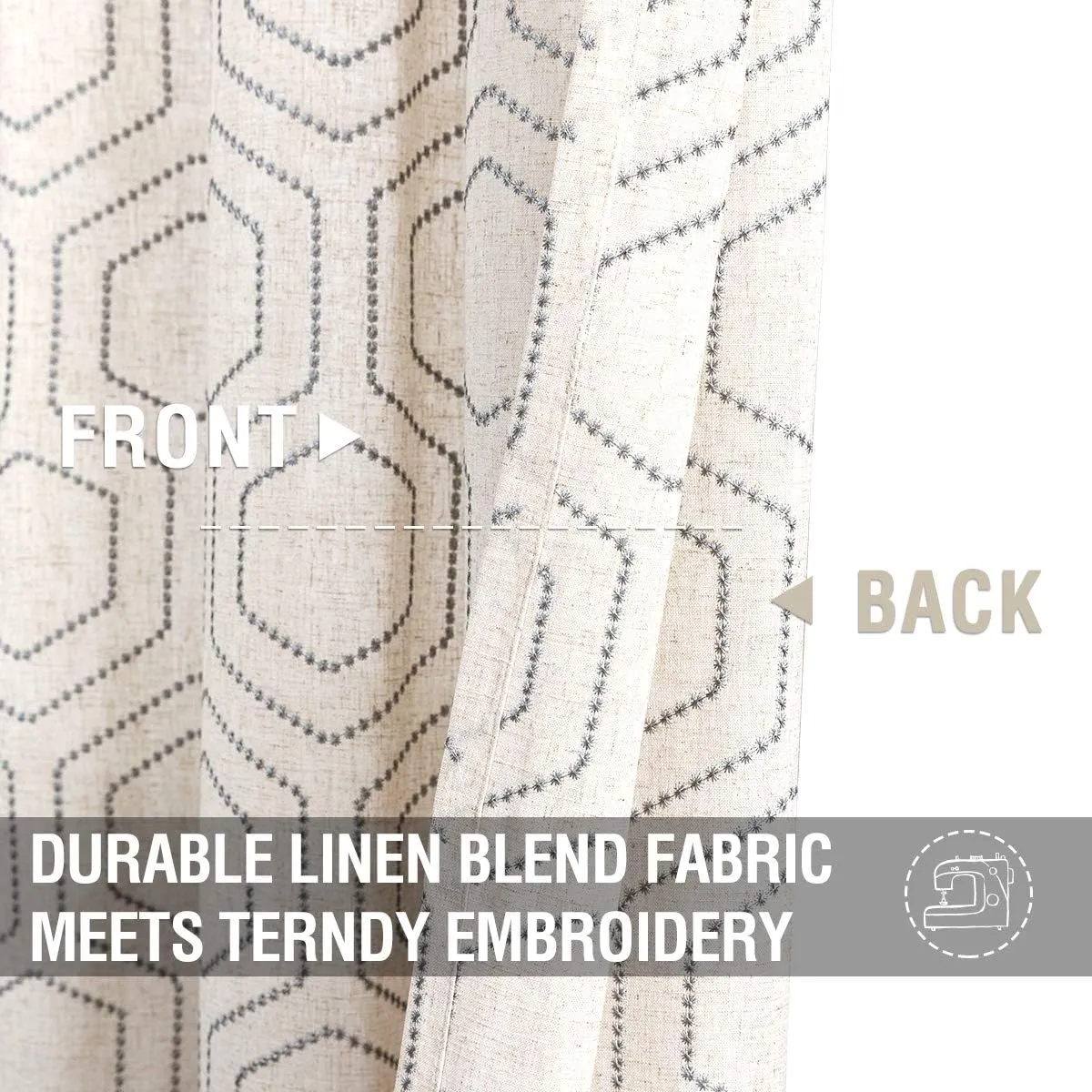 jinchan Grey Boho Window Curtains Linen Textured Light Filtering Curtains Honeycomb Embroidered Design Living Room Drapes Bedroom Bronze Grommet Window Treatments Set 2 Panels 96 Inches Long