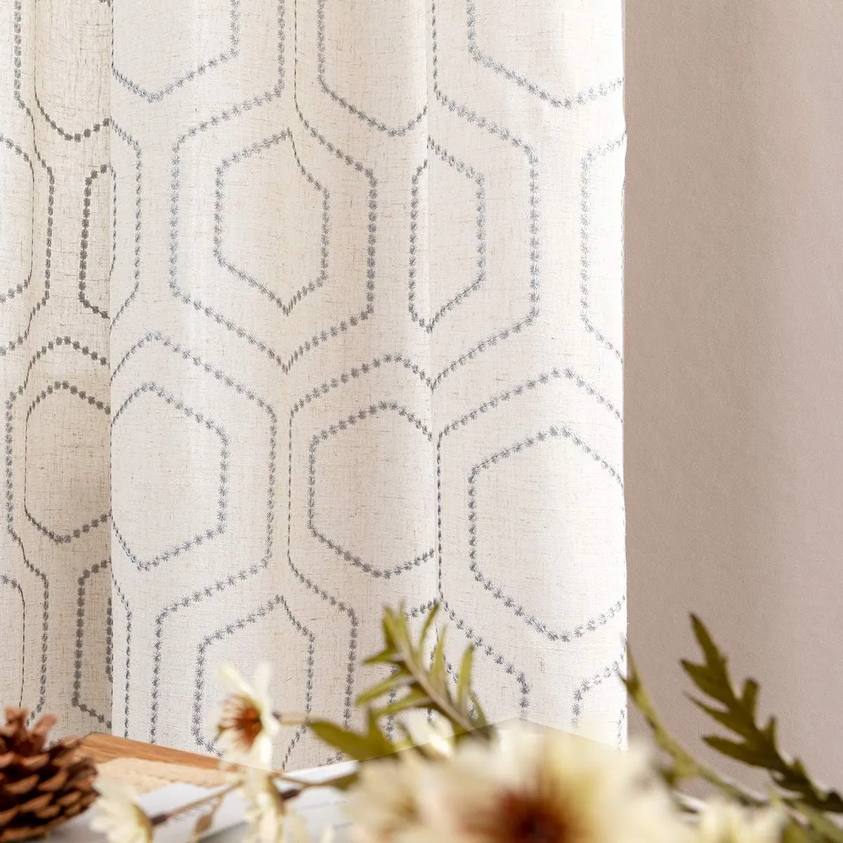 jinchan Grey Boho Window Curtains Linen Textured Light Filtering Curtains Honeycomb Embroidered Design Living Room Drapes Bedroom Bronze Grommet Window Treatments Set 2 Panels 96 Inches Long